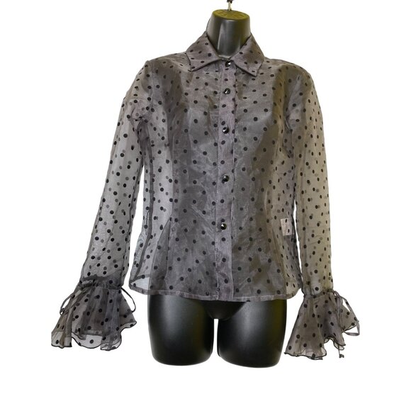 JS Boutique Sheer Black Polka Dot Blouse Ruffled Size 4 Top Shirt Goth Vamp Luxe - Picture 1 of 8